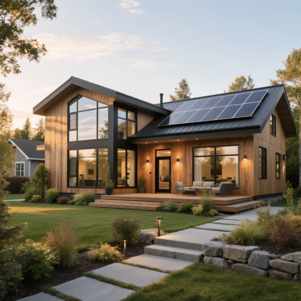 Modern prefab home in Northern Ontario with wood siding, large windows, solar panels, and landscaped yard, captured at golden hour.