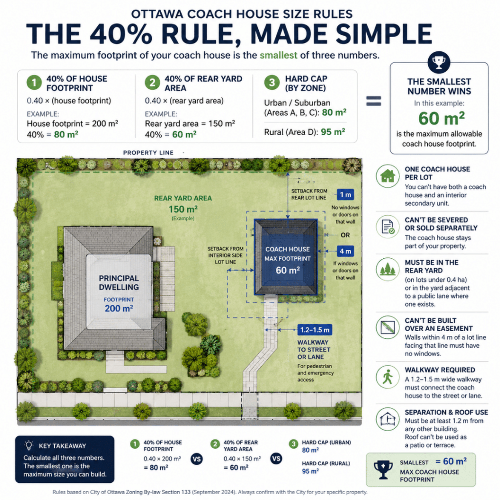 Prefab coach house Ottawa diagram showing how the 40% rule determines the maximum coach house footprint using the smallest of 40% of the house footprint, 40% of the rear yard area, or the 80 m² urban cap.