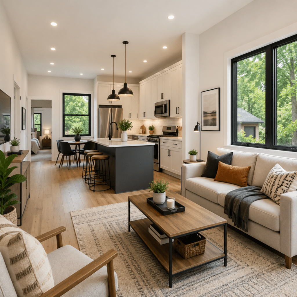 Interior of a prefab coach house Ottawa featuring an open-concept kitchen and living area, large windows, modern finishes, and a compact yet spacious layout.