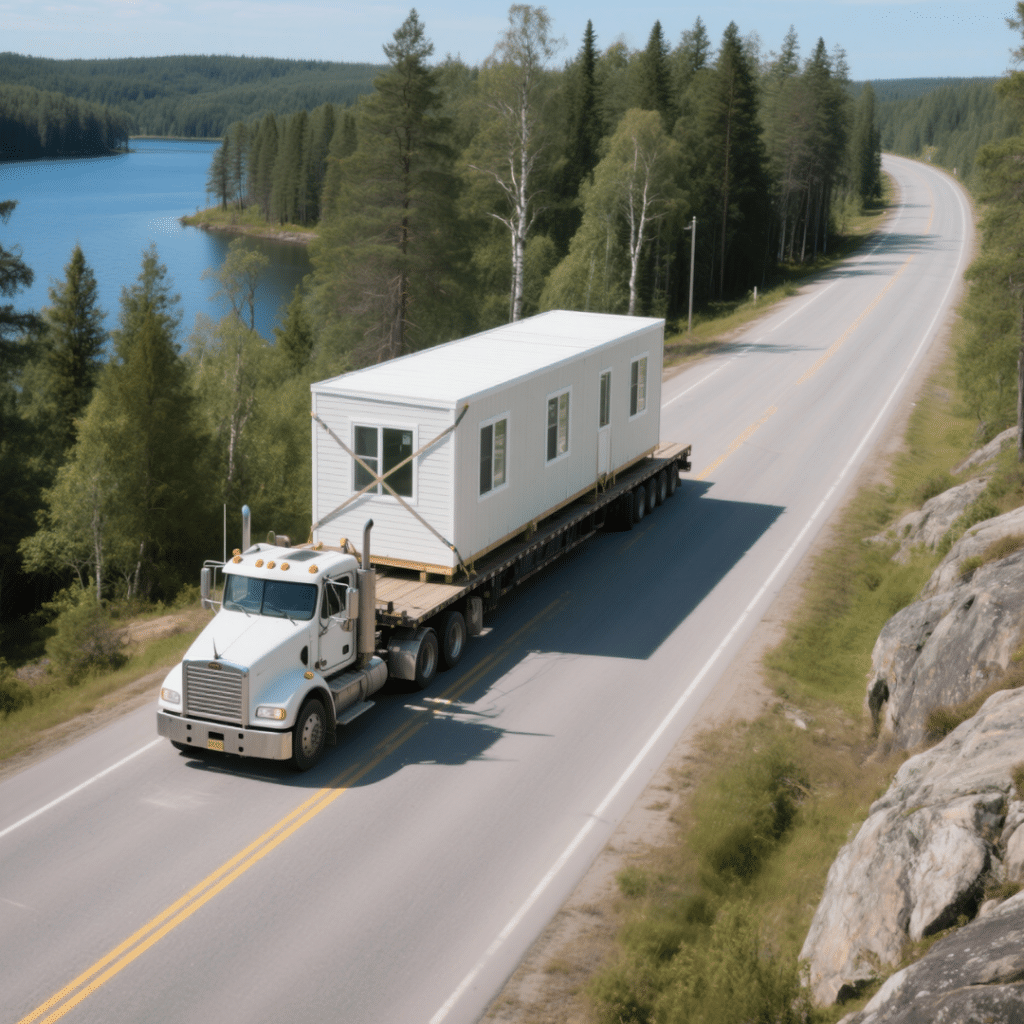 Flatbed truck transporting a prefab modular home section on a rural highway in Parry Sound, Northern Ontario, surrounded by forests and rock formations.