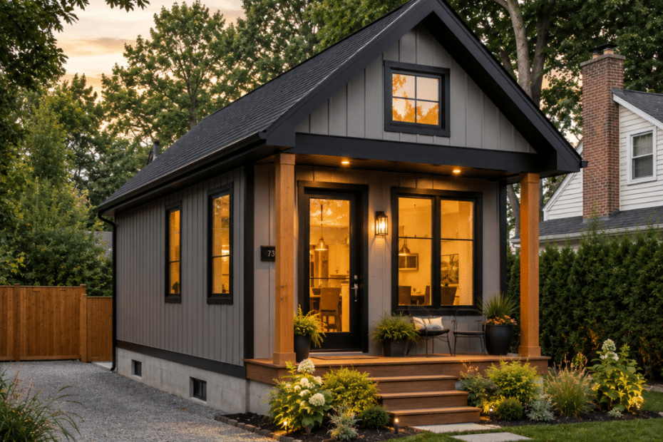 Tiny House Ottawa example showing a completed compact prefab home on a permanent foundation in a residential neighbourhood, demonstrating a legal alternative to a tiny house on wheels.