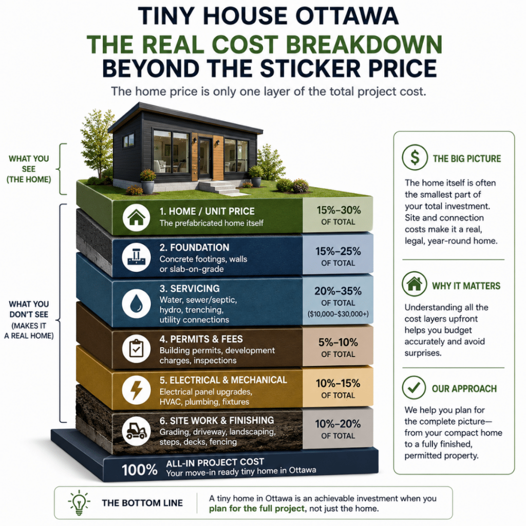 Tiny House Ottawa cost breakdown infographic showing the home price as only one layer of the total project cost, with foundation, servicing, permits, and site work contributing significantly to the all-in budget.