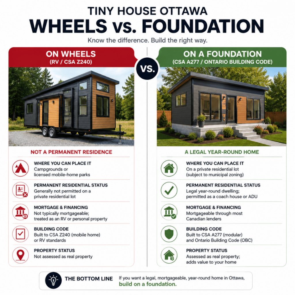 Tiny House Ottawa comparison showing a tiny house on wheels (CSA Z240) versus a foundation-built home (CSA A277), illustrating why only the foundation-built option qualifies as a permanent residence.