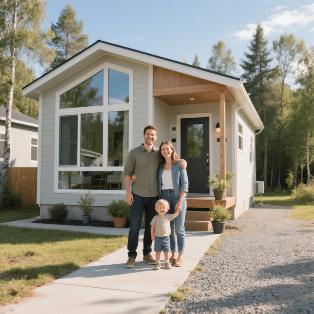 Young family with toddler standing in front of a small prefab home in Northern Ontario with light siding, porch, and energy-efficient features.