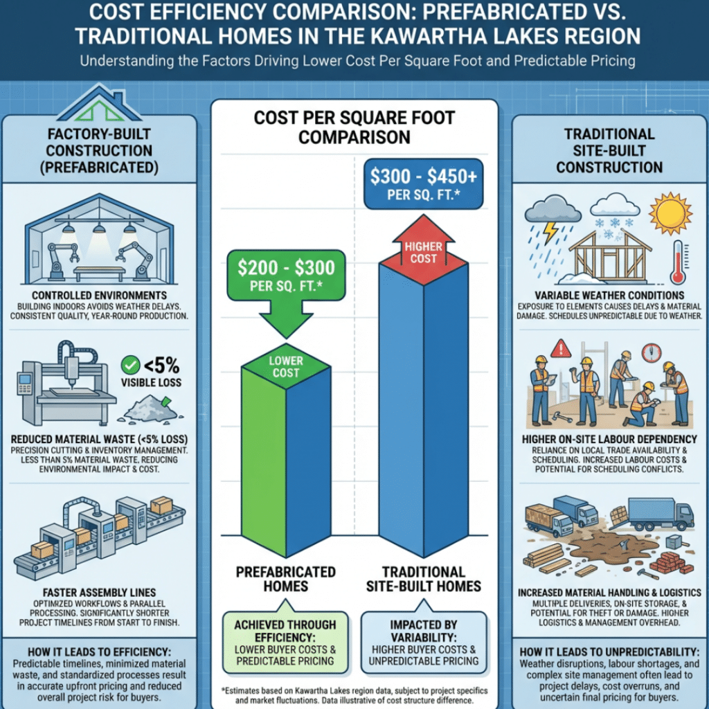 Affordable prefab homes Kawartha Lakes infographic comparing cost per square foot to traditional construction