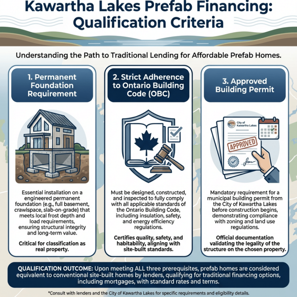 Affordable prefab homes Kawartha Lakes infographic showing mortgage eligibility and financing requirements