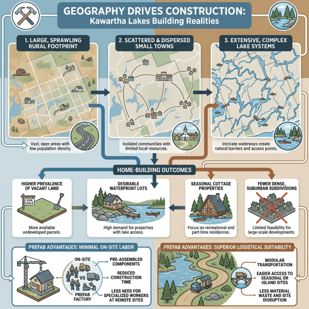 Affordable prefab homes Kawartha Lakes infographic showing rural geography, lakes, and cottage country land patterns