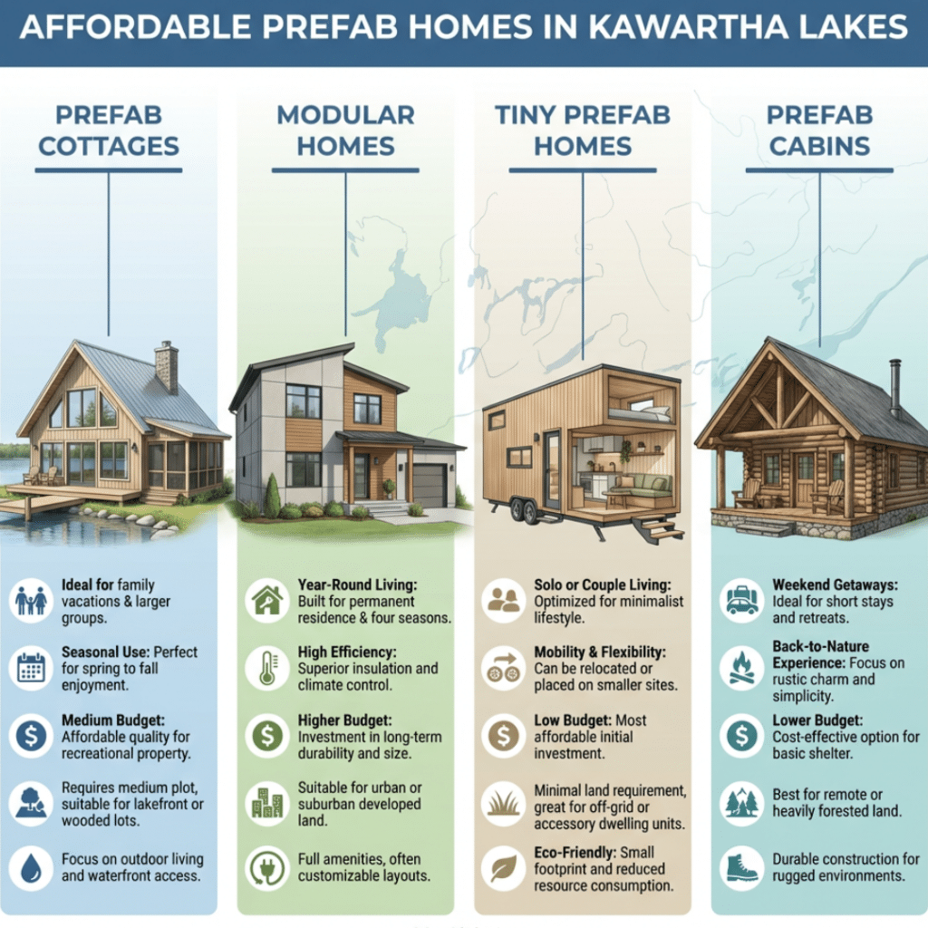 Affordable prefab homes Kawartha Lakes comparison showing cottages, modular homes, tiny homes, and prefab cabins
