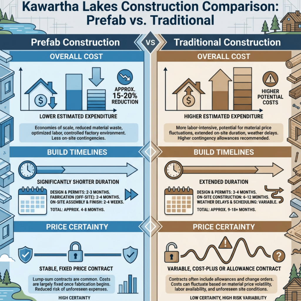 Affordable prefab homes Kawartha Lakes comparison showing lower costs, faster timelines, and price certainty versus traditional construction