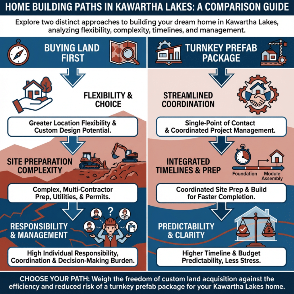 Buying land first vs a turnkey prefab package for the best prefab homes in Kawartha Lakes
