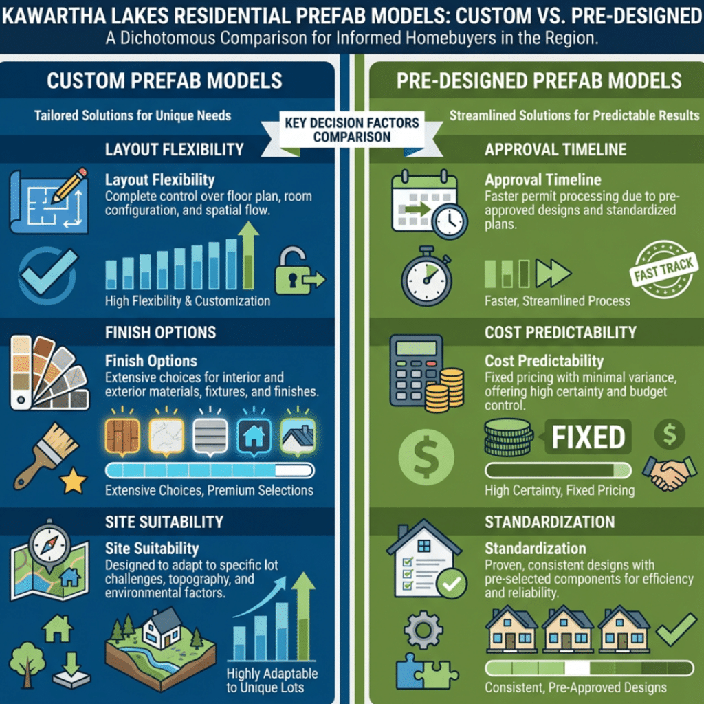 Custom vs pre-designed prefab models for the best prefab homes in Kawartha Lakes, comparing flexibility, cost, and build timelines