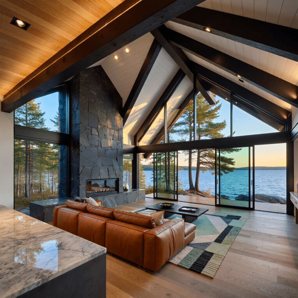 Prefab homes Kawartha Lakes for sale featuring a modern interior with floor-to-ceiling windows and vaulted ceilings