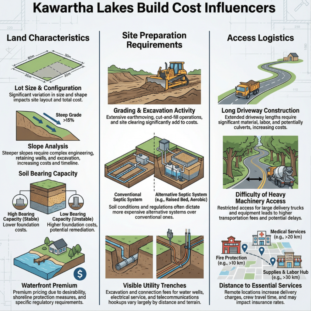Local cost drivers for modern prefab homes in Kawartha Lakes including land, site preparation, and access