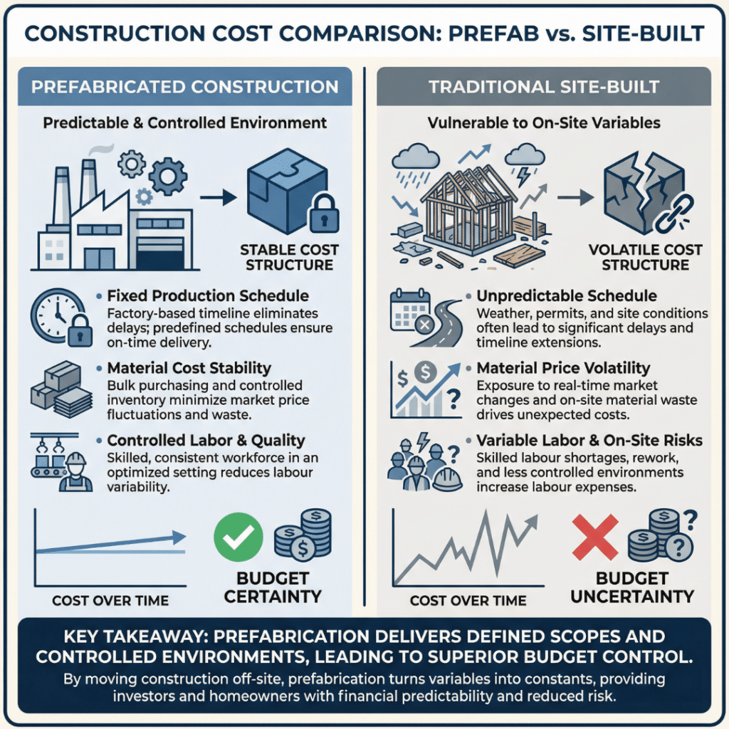 Modern prefab homes in Kawartha Lakes compared to traditional construction for predictable costs and budget control