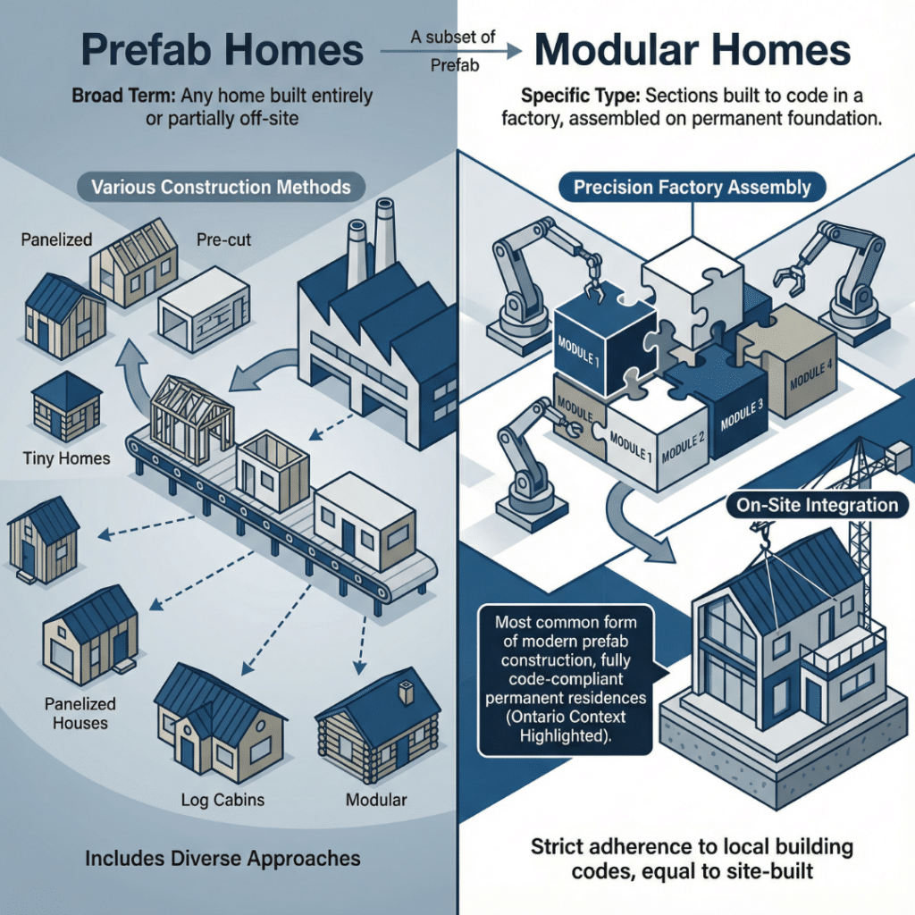 Modern prefab homes in Kawartha Lakes explained through prefab vs modular home terminology