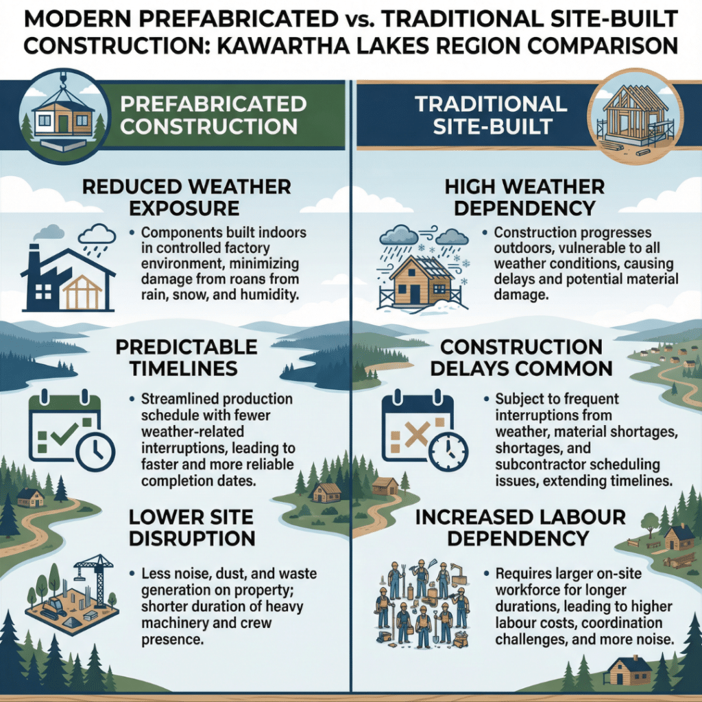 Modern prefab homes in Kawartha Lakes compared to traditional site-built construction