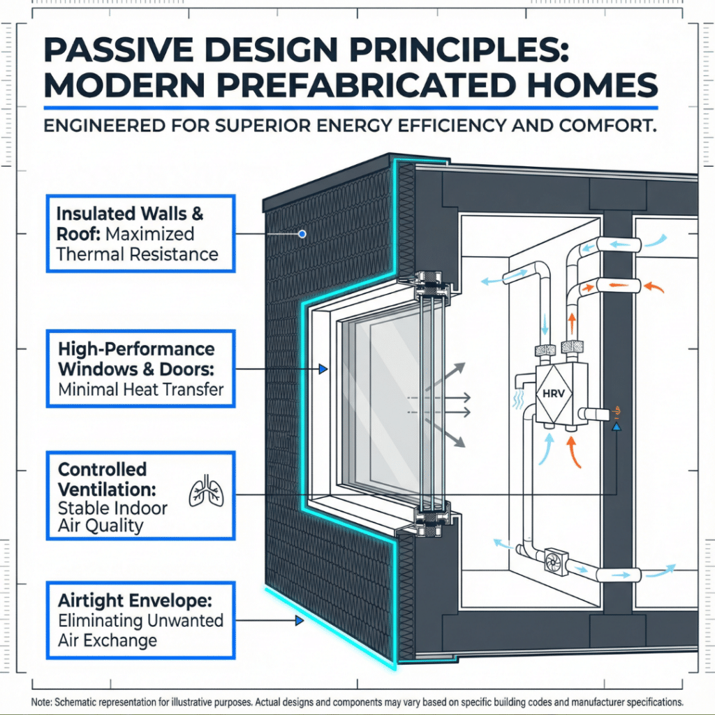 Prefab homes Kawartha Lakes for sale illustrating passive design features like insulation, airtight construction, and ventilation