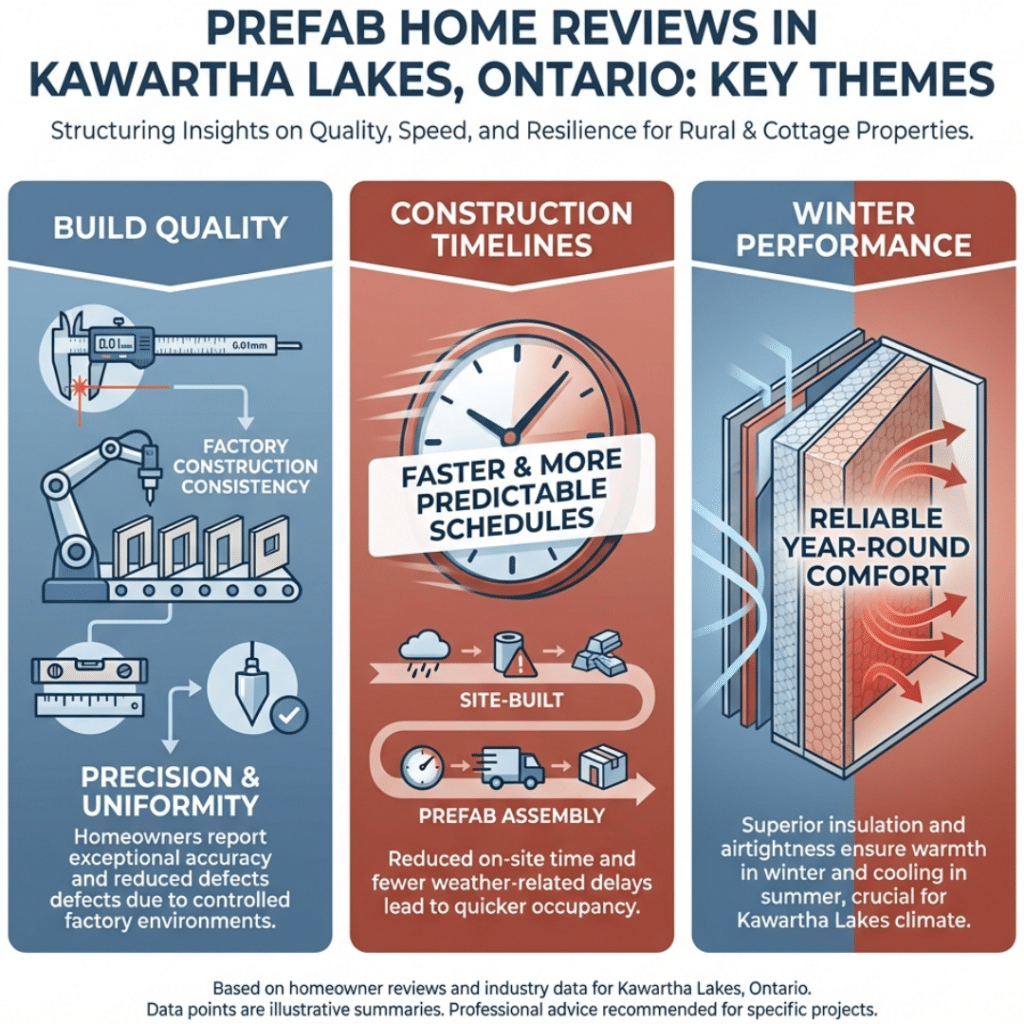 Prefab home reviews in Kawartha Lakes highlighting build quality, construction timelines, and winter performance