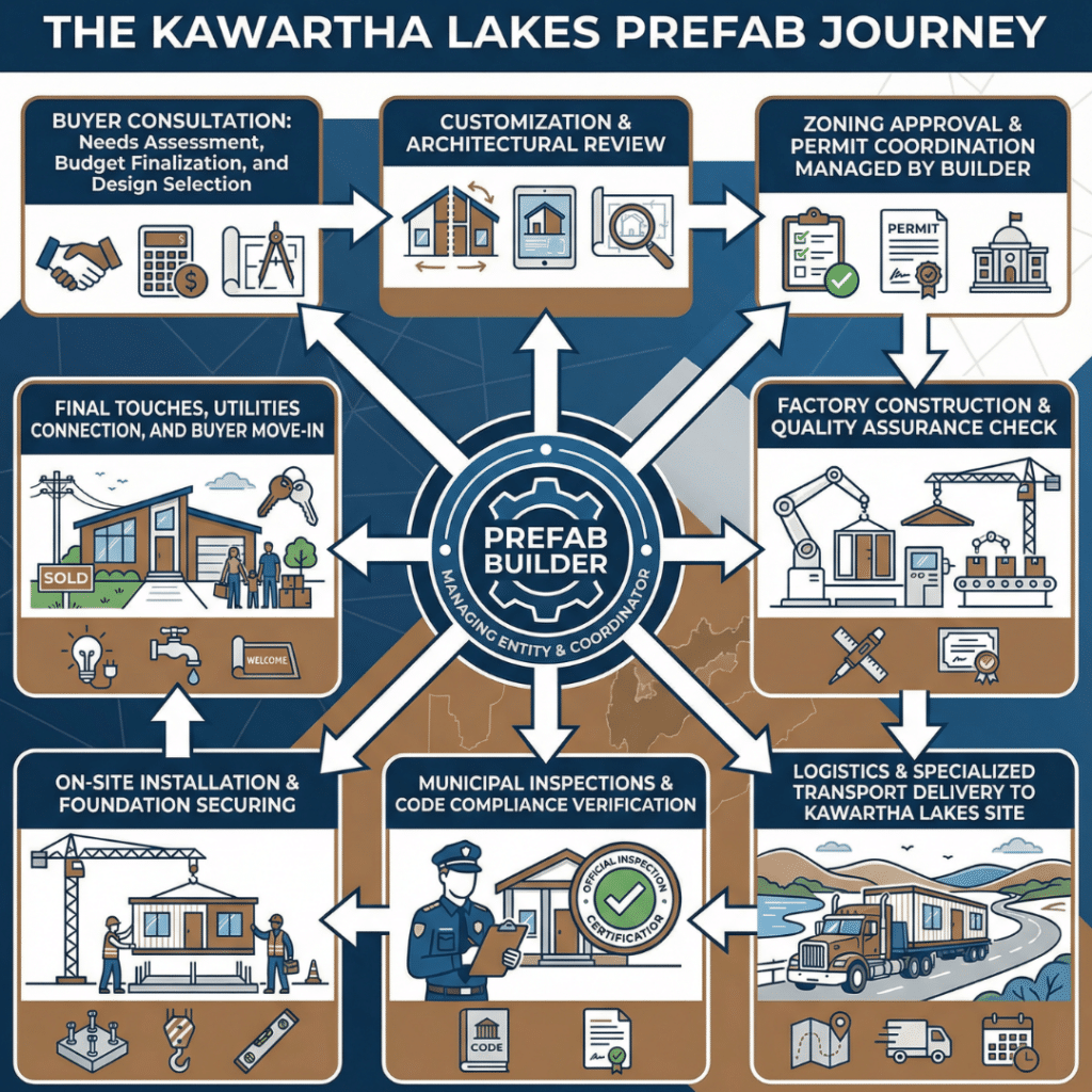 Prefab homes Kawartha Lakes for sale process showing builders coordinating design, permits, construction, and installation
