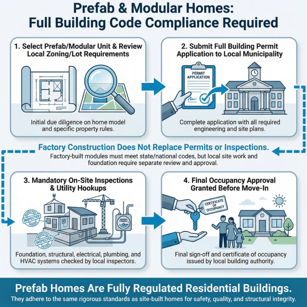 Prefab homes Kawartha Lakes for sale requiring building permits, inspections, and occupancy approval