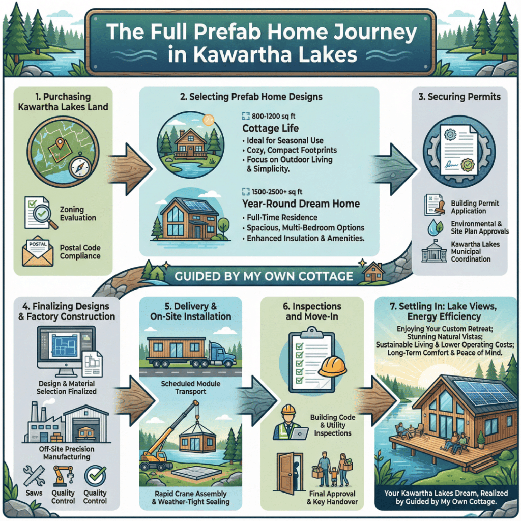 Prefab homes Kawartha Lakes for sale buyer journey showing land selection, zoning, design, construction, and move-in steps