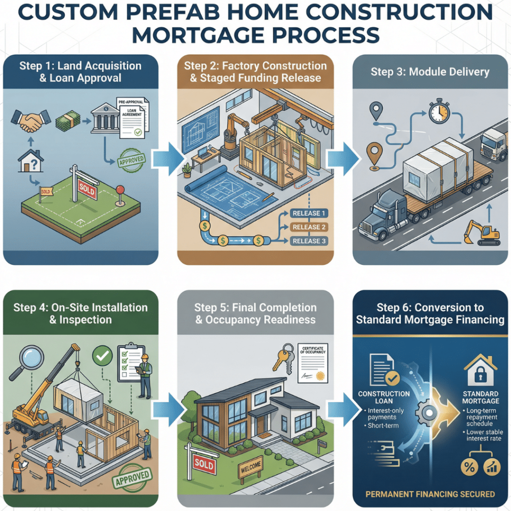 Prefab homes Kawartha Lakes for sale showing the construction mortgage process from land purchase to final occupancy