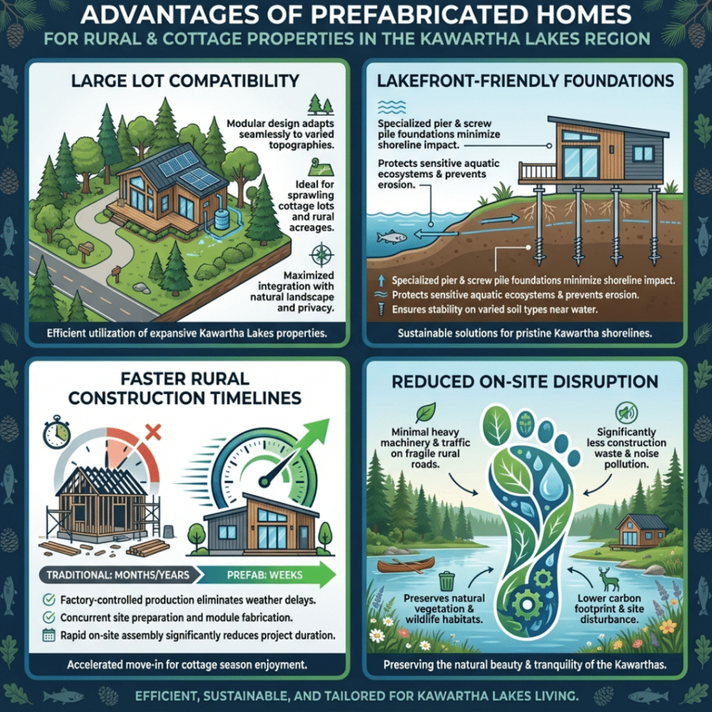 Prefab homes in Kawartha Lakes shown as a perfect fit for rural properties, lakefront lots, and cottage-style living