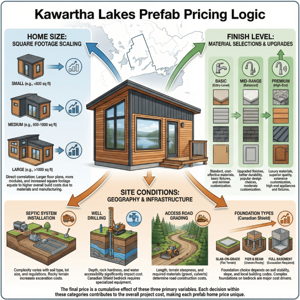 Small prefab home prices Kawartha Lakes infographic showing size, finish level, and site condition cost factors