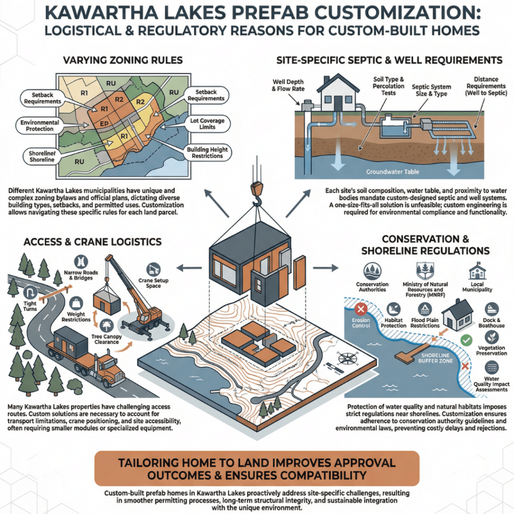Small prefab homes Kawartha Lakes infographic showing why homes are built for individual properties rather than sold as finished listings