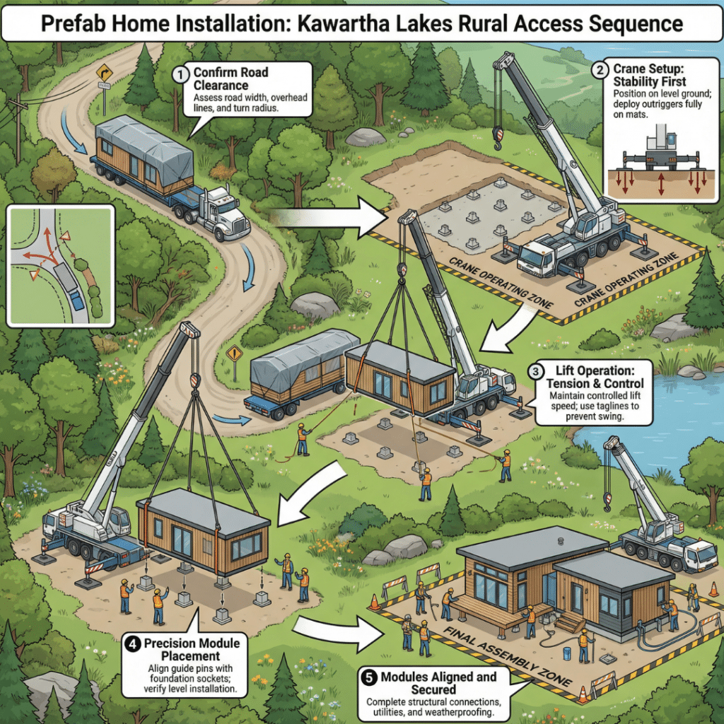 Small prefab homes Kawartha Lakes delivery infographic showing access routes, crane placement, and installation logistics