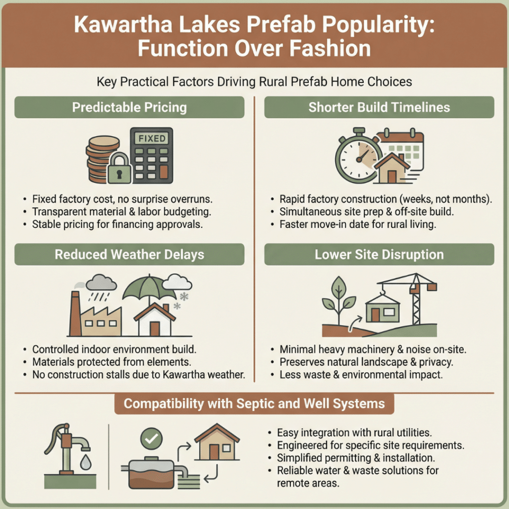 Small prefab homes Kawartha Lakes infographic showing why prefab homes are popular on rural properties