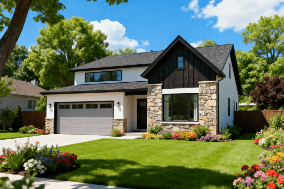 A beautiful, affordable prefab home in Aurora, Ontario, featuring a modern design with natural stone and dark wood accents, large windows, and a two-car garage surrounded by lush greenery under a clear blue sky.