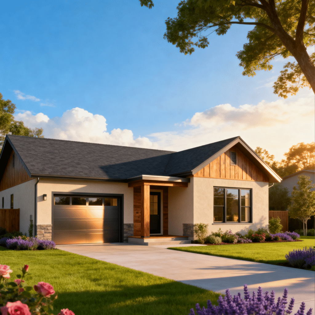 Small affordable prefab home with garage in Aurora, Ontario, built by My Own Cottage — shown in a peaceful suburban setting under clear blue summer skies.