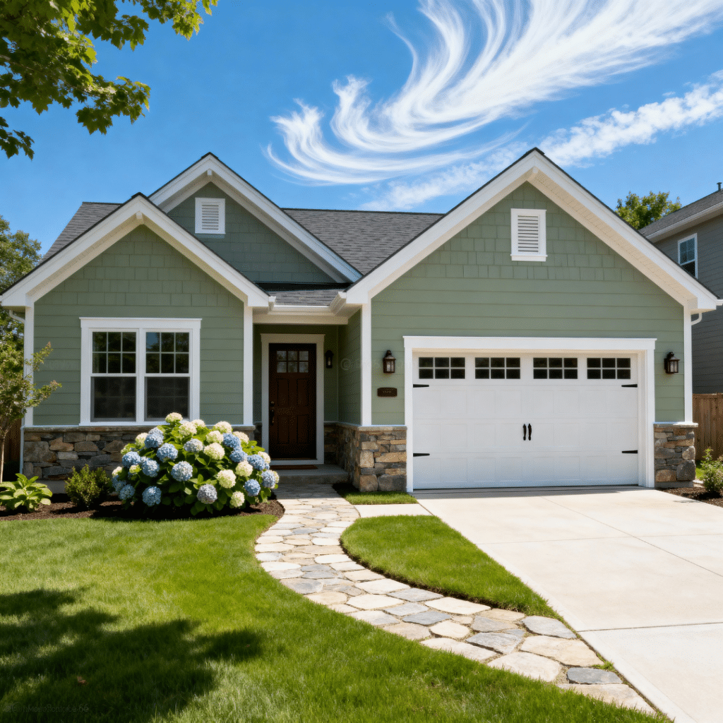 Affordable prefab home for sale in suburban Aurora, Ontario, featuring a stylish exterior with garage, modern design, and bright summertime blue skies — built by My Own Cottage.