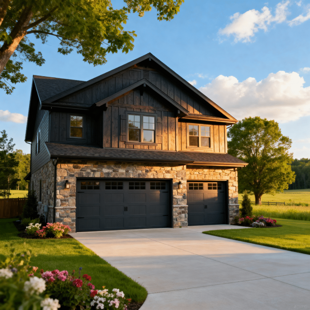 A beautiful, affordable prefab home in Aurora, Ontario with a modern garage, clean lines, and elegant suburban design under bright summer skies — showcasing the real value of Ontario-built quality homes by My Own Cottage.
