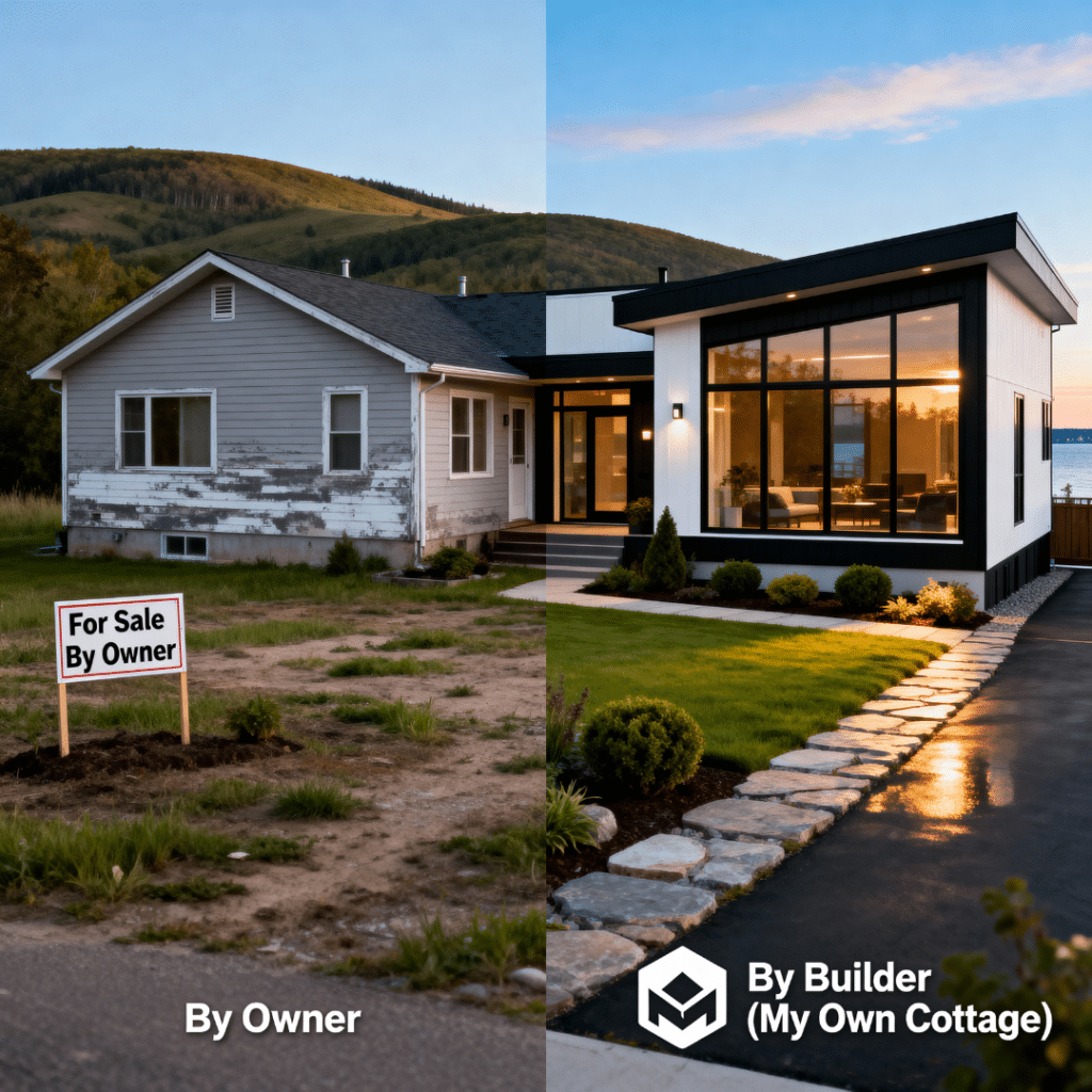 Comparison of cheap prefab homes for sale in Aurora, Ontario — older by-owner resale vs. new certified prefab home by My Own Cottage, showing quality, design, and craftsmanship differences.