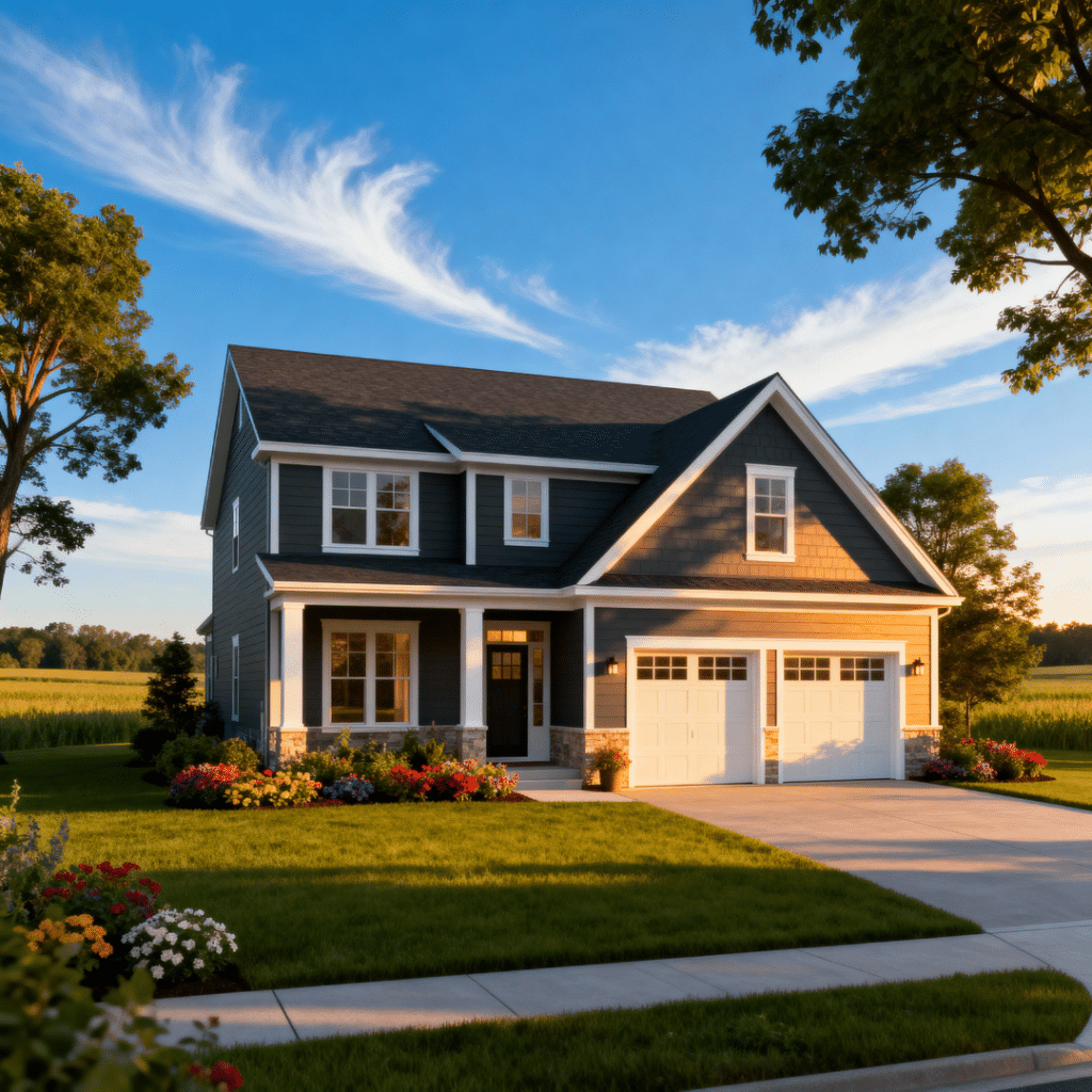 Beautiful luxury prefab home for sale in rural Aurora, Ontario, featuring a modern design, attached garage, and bright springtime setting under clear blue skies — built by My Own Cottage.