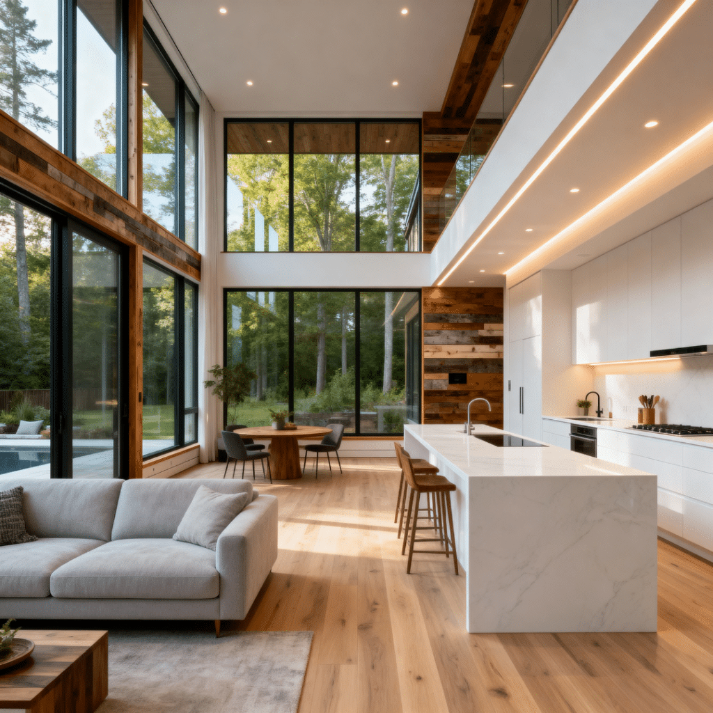 Bright luxury prefab home interior for sale in Aurora, Ontario, featuring open-concept Scandinavian design with light wood floors, sleek kitchen island, and floor-to-ceiling energy-efficient windows by My Own Cottage.