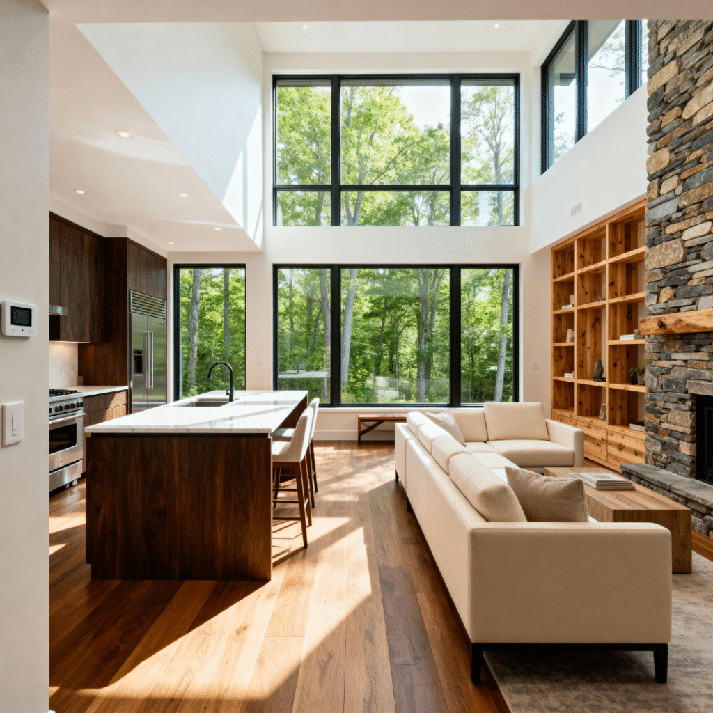 Open-concept luxury prefab home interior in Ontario with high ceilings, full-height windows, designer kitchen, and warm hardwood floors — built by My Own Cottage to showcase modern craftsmanship and energy-efficient design.
