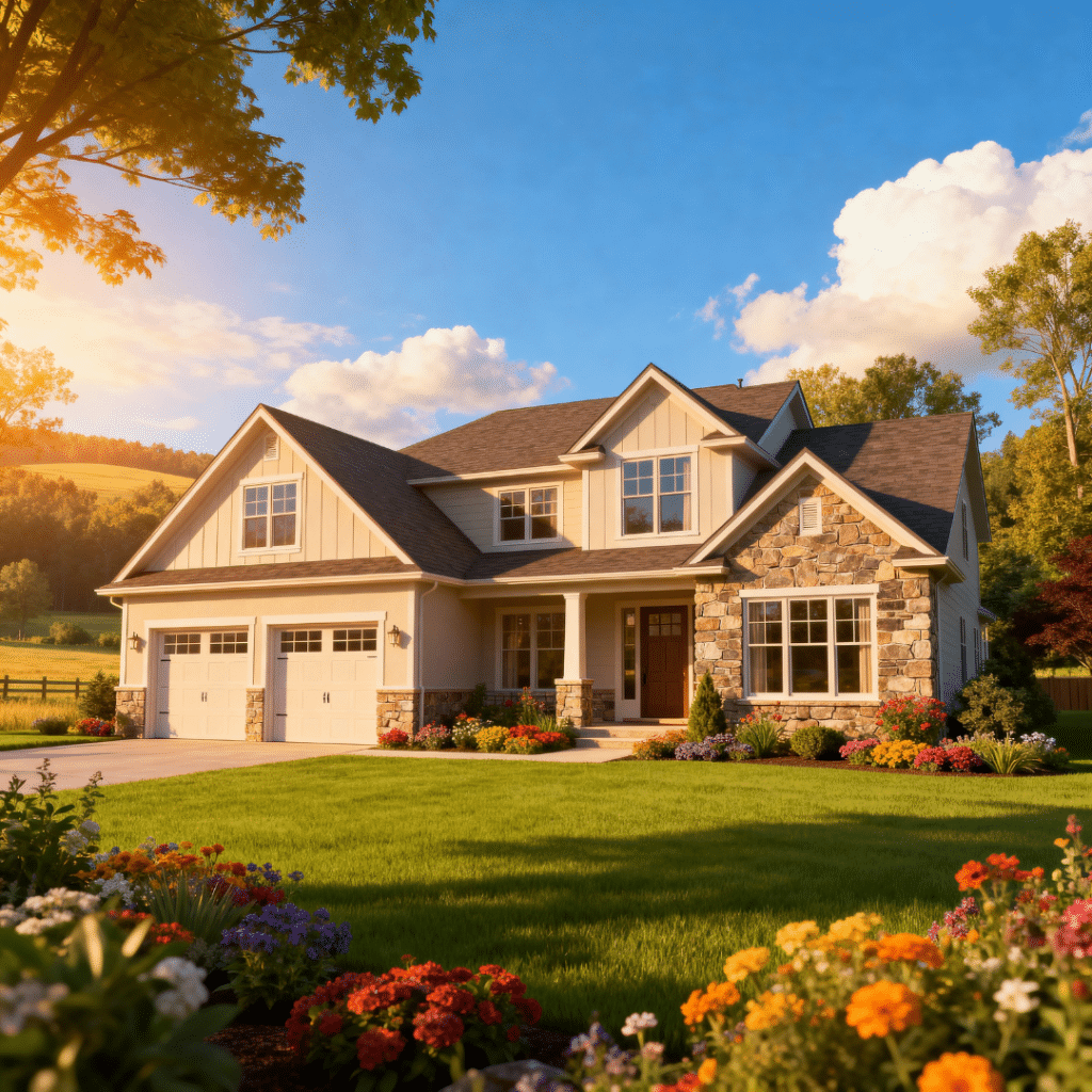 Luxury prefab home with garage in peaceful Aurora, Ontario, built by My Own Cottage — shown on a clear summer day with blue skies and light white clouds.