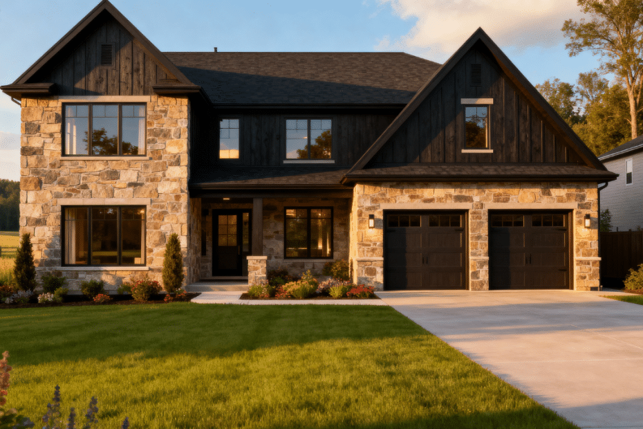 Luxury prefab home in Aurora, Ontario by My Own Cottage featuring sleek modern design, attached garage, and bright suburban summer setting under clear blue skies.