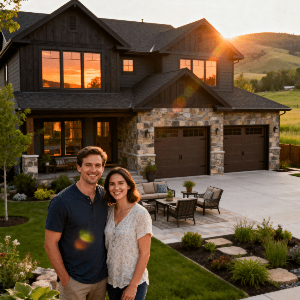Couple relaxing outside a modern prefab home with garage in Aurora, Ontario during golden hour, built by My Own Cottage — a stylish, energy-efficient suburban design surrounded by greenery.