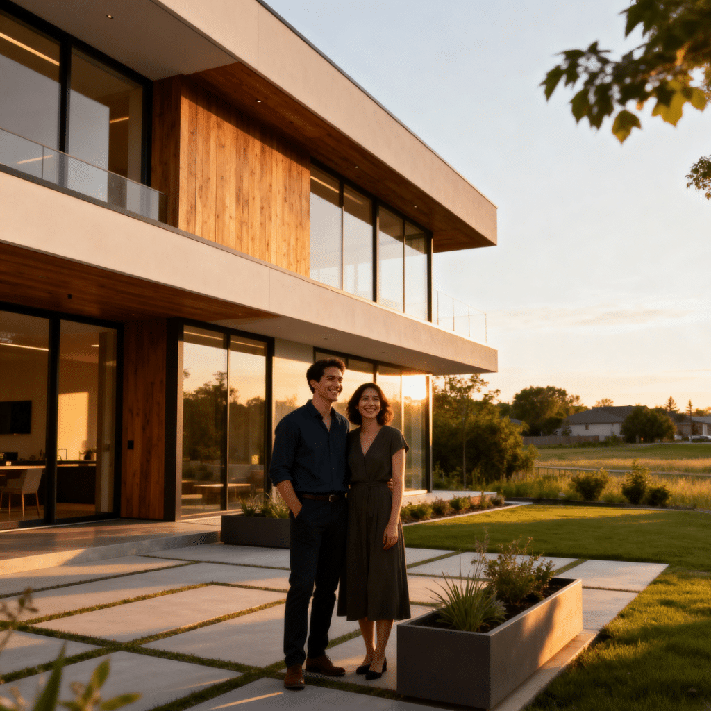 Modern prefab home in Aurora, Ontario, built by My Own Cottage — a stylish single-family design captured during golden hour, with a smiling couple enjoying their landscaped patio.