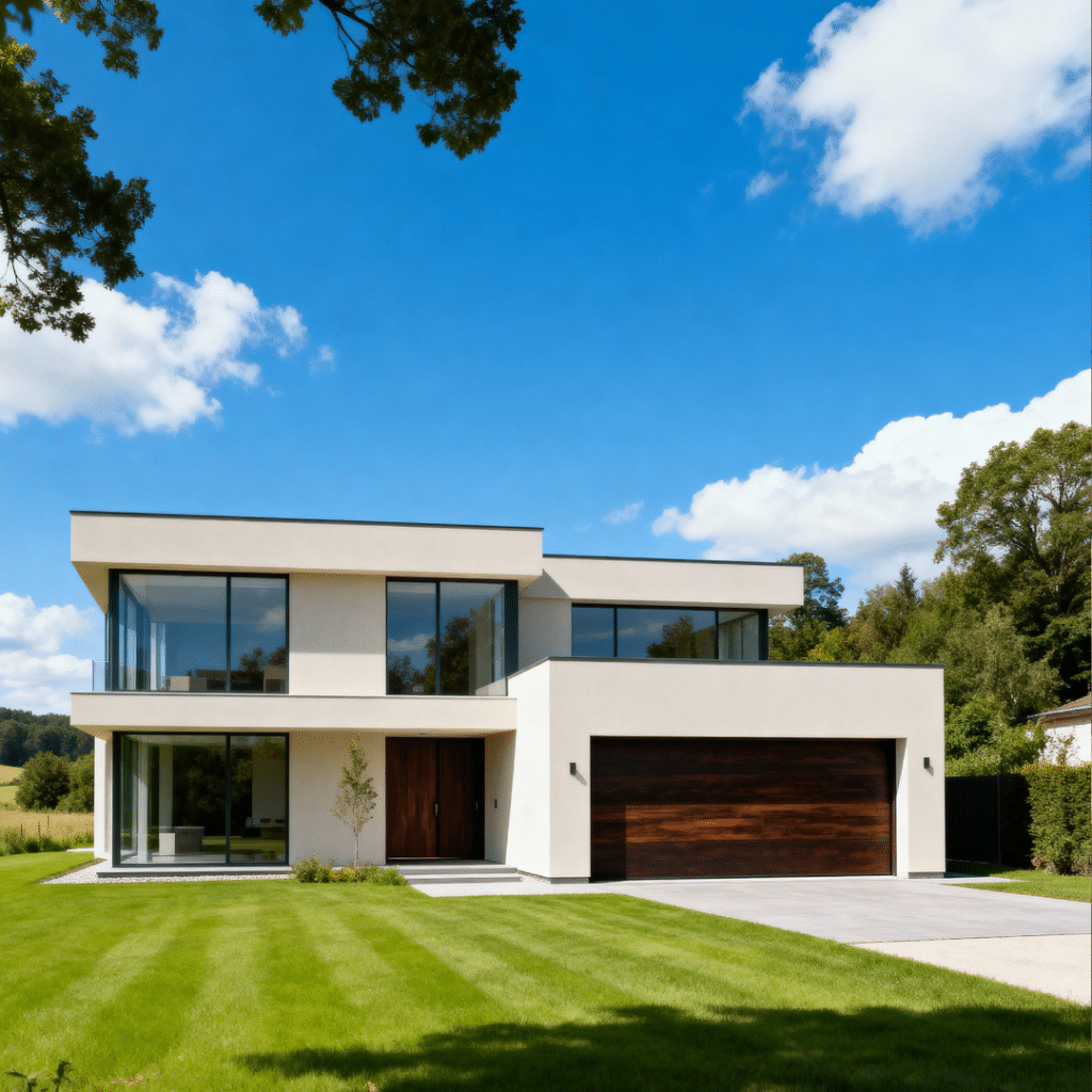 Sleek modern prefab home for sale in suburban Aurora, Ontario, near an open field under clear blue skies, built by My Own Cottage for sustainable and stylish living.