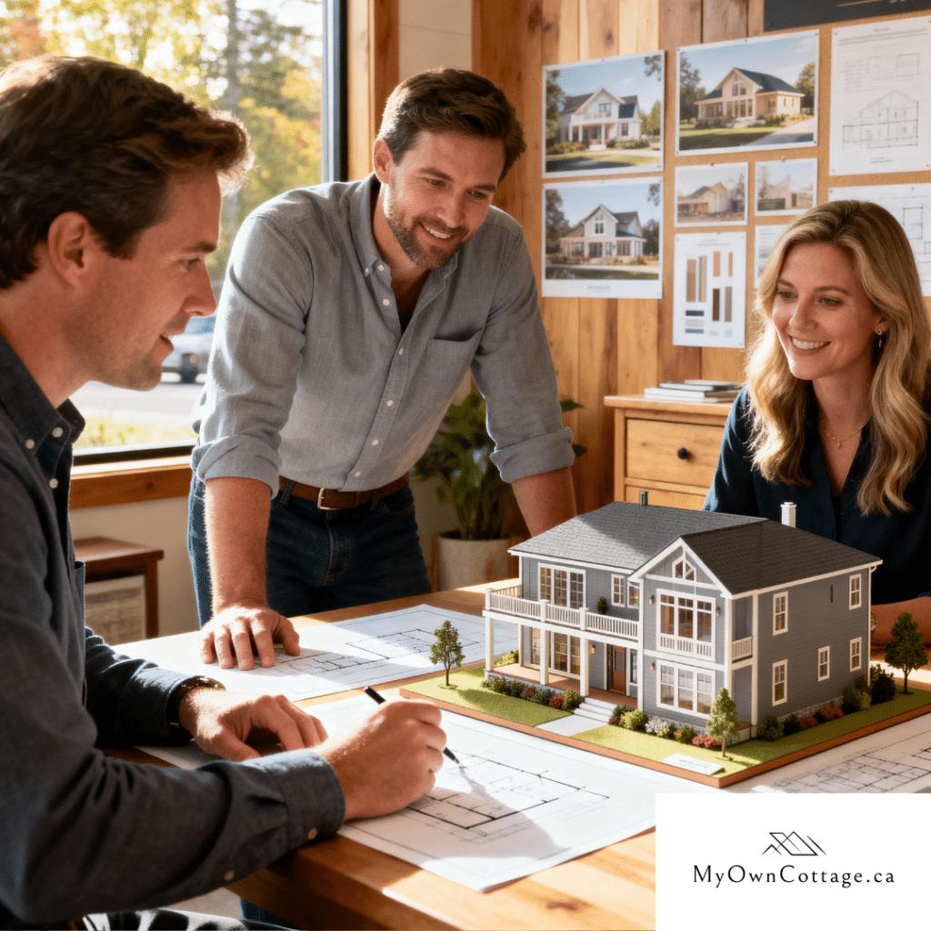 My Own Cottage design team collaborating in their Ontario studio beside architectural plans and material samples, reviewing prefab home blueprints under warm natural light.