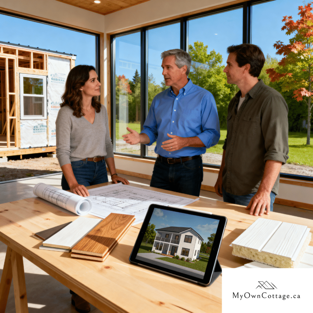 My Own Cottage project manager meeting with homeowners in a bright Aurora, Ontario design studio to review prefab home blueprints, 3D model, and materials in a collaborative planning session.