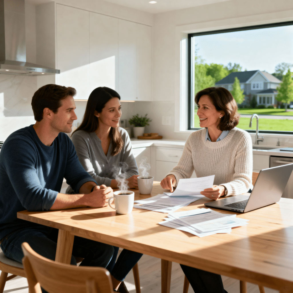 A friendly Ontario couple meeting with a financial advisor at their bright, modern prefab home in Aurora, Ontario — reviewing CMHC rebate options, bank loan programs, and My Own Cottage financing plans in a relaxed, confident setting.