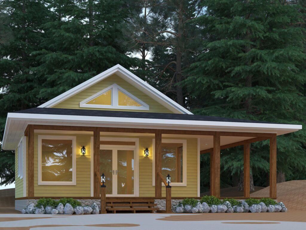 Modern prefab cottage exterior — Prefab homes Muskoka prices Bay Breeze 646 square foot 1 bedroom 1 bathroom My Own Cottage modular home starting at CAD $299,500 designed for Muskoka waterfront and road-accessible lot delivery on Canadian Shield terrain 2026