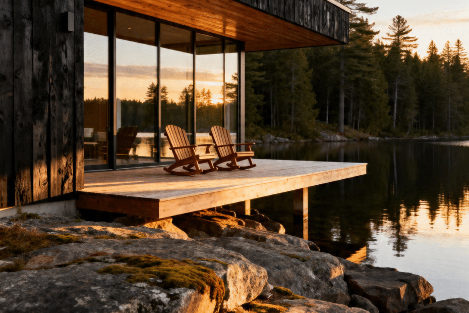 Prefab homes Muskoka prices completed My Own Cottage modern modular home Canadian Shield waterfront lot covered deck lake views golden hour 2026
