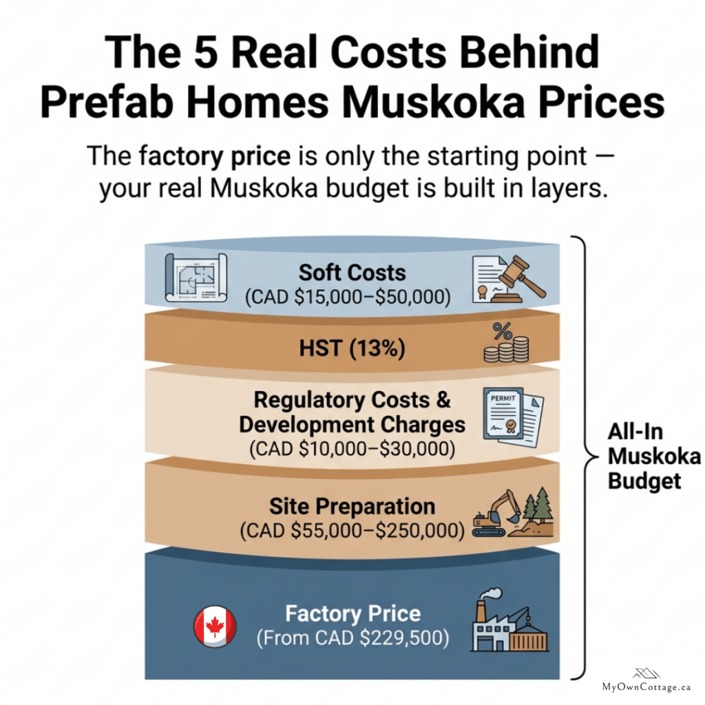 Prefab homes Muskoka prices five-layer cost stack infographic showing factory price site preparation regulatory costs development charges HST and soft costs with relative weight and cost ranges forming full all-in Muskoka prefab home budget 2026